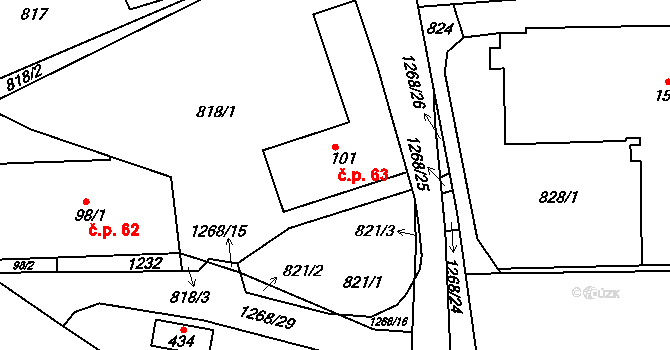 Hrabišín 63 na parcele st. 101 v KÚ Hrabišín, Katastrální mapa