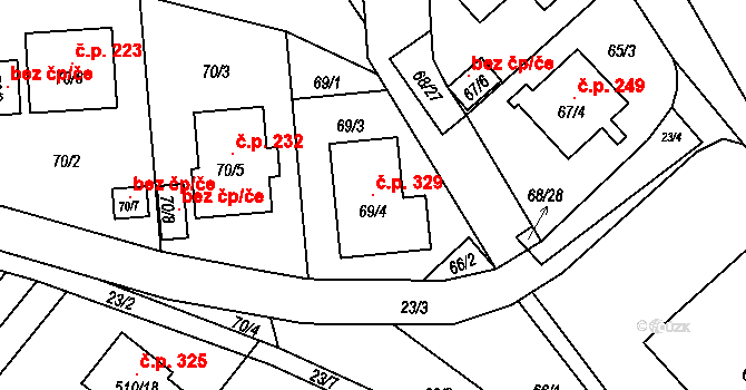 Chlebičov 329 na parcele st. 69/4 v KÚ Chlebičov, Katastrální mapa