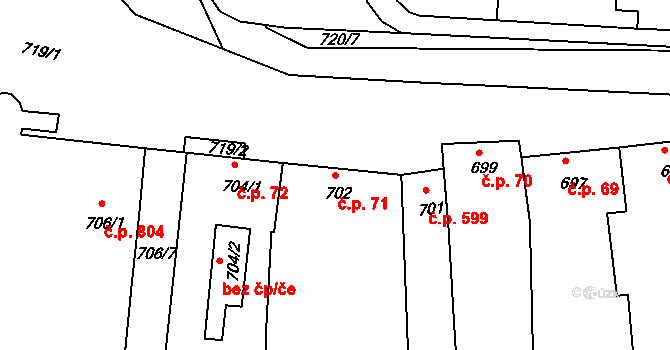 Klobouky u Brna 71 na parcele st. 702 v KÚ Klobouky u Brna, Katastrální mapa