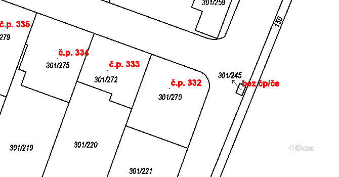 Hlušovice 332 na parcele st. 301/270 v KÚ Hlušovice, Katastrální mapa