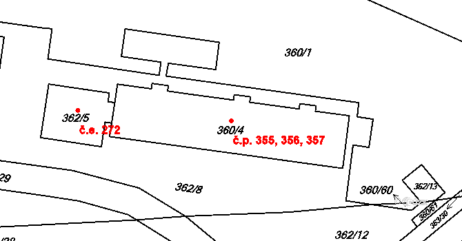 Rousínov 355,356,357 na parcele st. 360/4 v KÚ Rousínov u Vyškova, Katastrální mapa