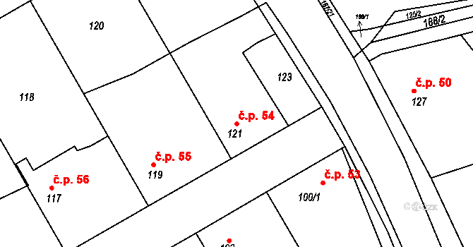 Skramníky 54, Klučov na parcele st. 121 v KÚ Skramníky, Katastrální mapa