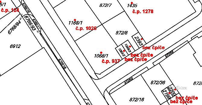 Kraslice 937 na parcele st. 1068/1 v KÚ Kraslice, Katastrální mapa