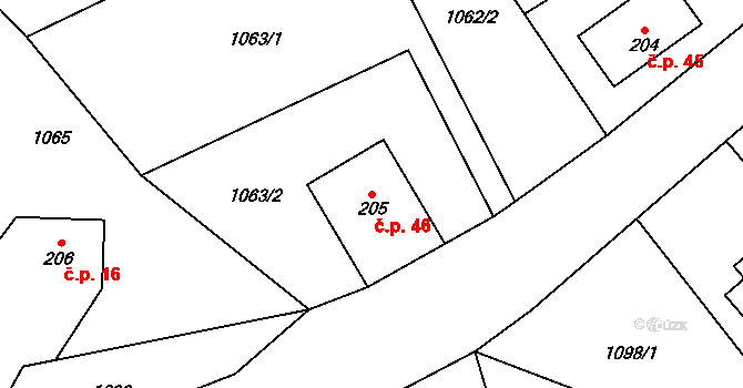 Sedmihorky 46, Karlovice na parcele st. 205 v KÚ Karlovice, Katastrální mapa