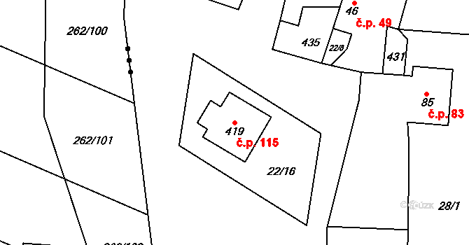 Suchý 115 na parcele st. 419 v KÚ Suchý, Katastrální mapa