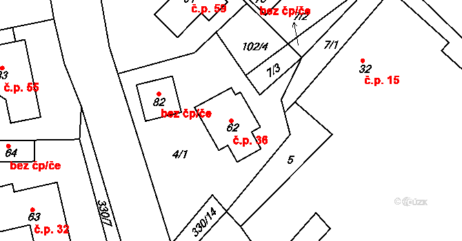 Lípa 36, Všestary na parcele st. 62 v KÚ Lípa u Hradce Králové, Katastrální mapa