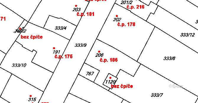 Smiřice 186 na parcele st. 206 v KÚ Smiřice, Katastrální mapa