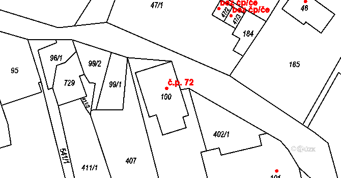 Prácheň 72, Kamenický Šenov na parcele st. 100 v KÚ Prácheň, Katastrální mapa
