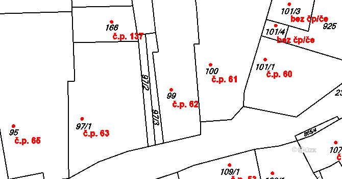 Zahořany 62, Křešice na parcele st. 99 v KÚ Zahořany u Litoměřic, Katastrální mapa