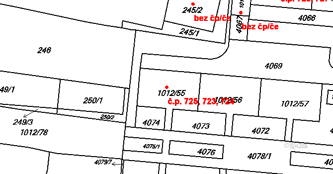 Komín 723,724,725, Brno na parcele st. 1012/57 v KÚ Komín, Katastrální mapa