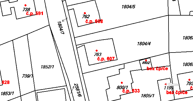Česká Kamenice 607 na parcele st. 763 v KÚ Česká Kamenice, Katastrální mapa