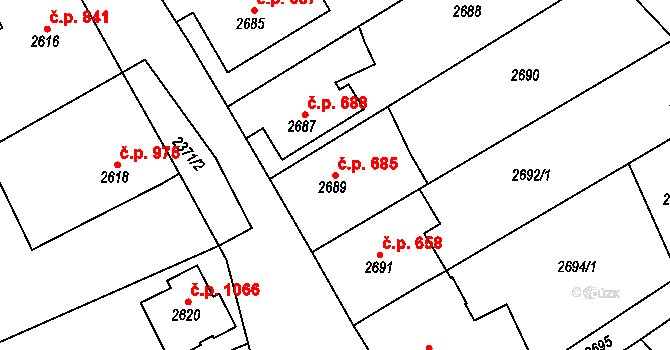 Sokolov 685 na parcele st. 2689 v KÚ Sokolov, Katastrální mapa