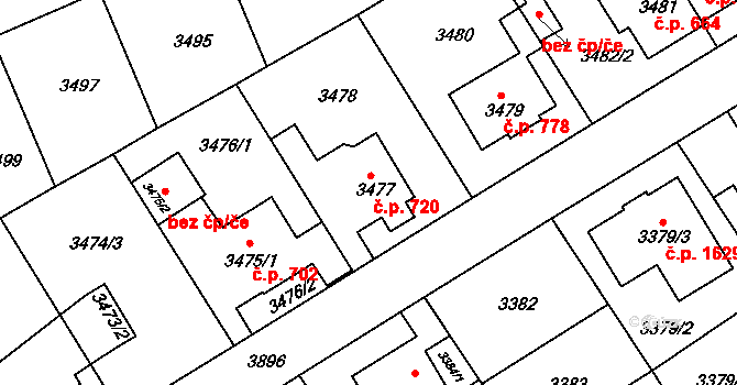 Modřany 720, Praha na parcele st. 3477 v KÚ Modřany, Katastrální mapa