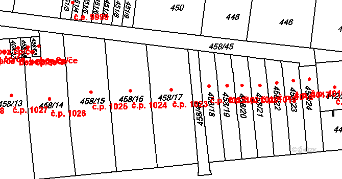 Střešovice 1023, Praha na parcele st. 458/17 v KÚ Střešovice, Katastrální mapa