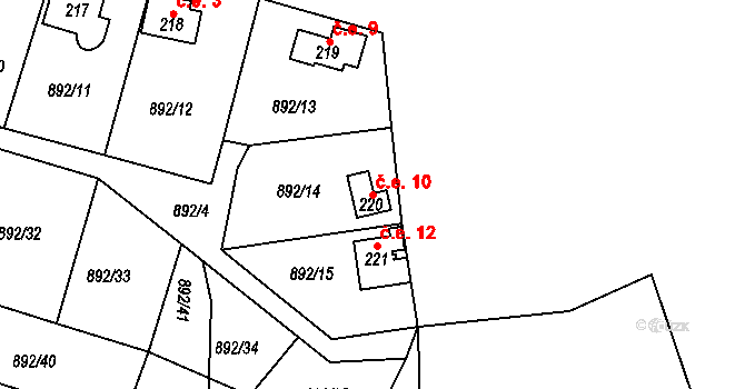 Láz 10 na parcele st. 220 v KÚ Láz, Katastrální mapa