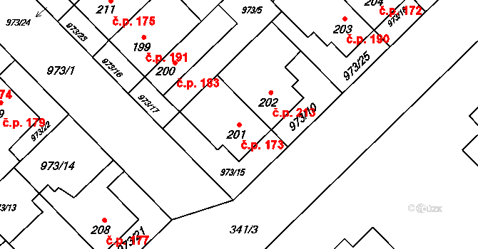 Řepčín 173, Olomouc na parcele st. 201 v KÚ Řepčín, Katastrální mapa