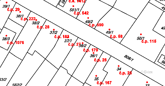 Sezimovo Ústí 179 na parcele st. 36/2 v KÚ Sezimovo Ústí, Katastrální mapa