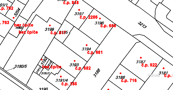 Vsetín 681 na parcele st. 3194 v KÚ Vsetín, Katastrální mapa