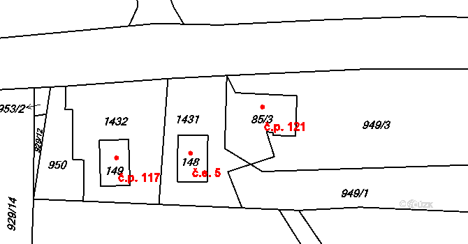 Láryšov 121, Býkov-Láryšov na parcele st. 85/3 v KÚ Býkov, Katastrální mapa
