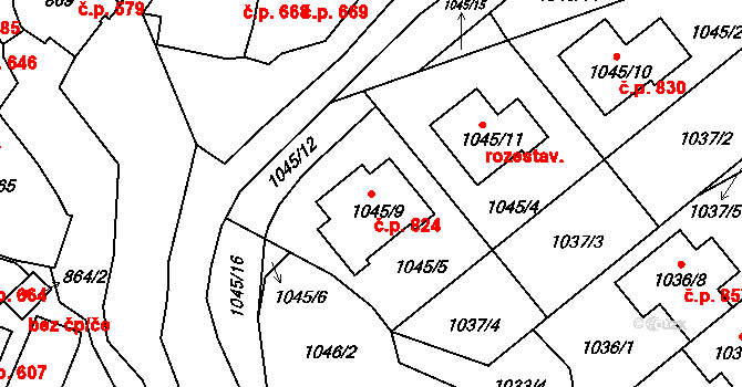 Štýřice 824, Brno na parcele st. 1045/9 v KÚ Štýřice, Katastrální mapa