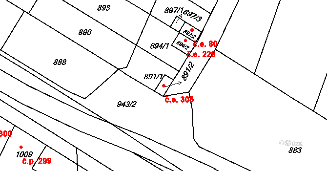 Hrušovany u Brna 305 na parcele st. 891/2 v KÚ Hrušovany u Brna, Katastrální mapa