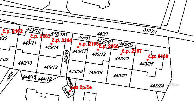 Bolevec 2166, Plzeň na parcele st. 443/19 v KÚ Bolevec, Katastrální mapa