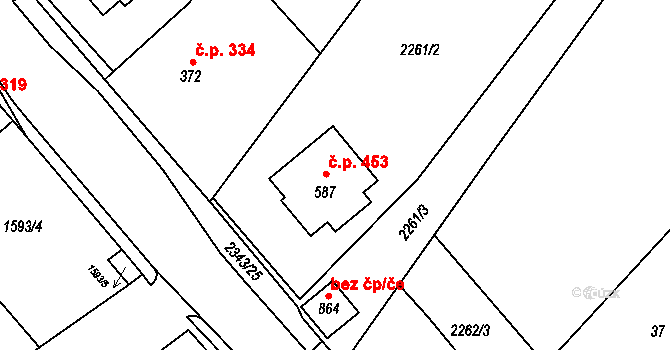 Křižanov 453 na parcele st. 587 v KÚ Křižanov, Katastrální mapa