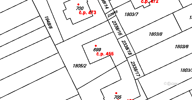 Křižanov 455 na parcele st. 699 v KÚ Křižanov, Katastrální mapa