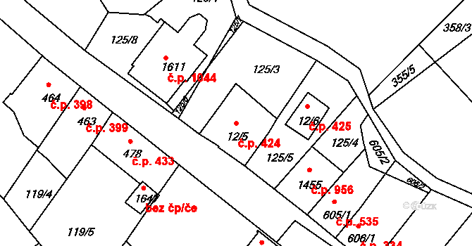 Luhačovice 424 na parcele st. 12/5 v KÚ Luhačovice, Katastrální mapa