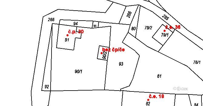 Homole u Panny 38813262 na parcele st. 90/2 v KÚ Bláhov, Katastrální mapa