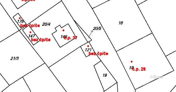 Hořešovice 39316262 na parcele st. 121 v KÚ Hořešovice, Katastrální mapa