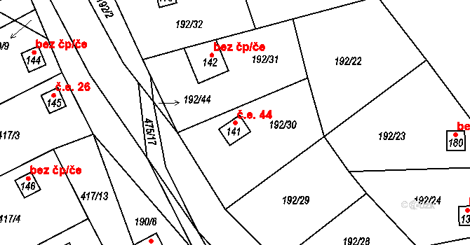 Myšenec 44, Protivín na parcele st. 141 v KÚ Myšenec, Katastrální mapa