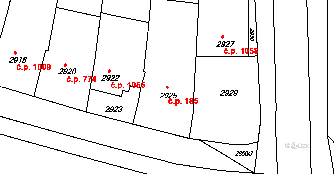 Kunovice 185 na parcele st. 2925 v KÚ Kunovice u Uherského Hradiště, Katastrální mapa