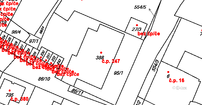 Trnová 247, Pardubice na parcele st. 388 v KÚ Trnová, Katastrální mapa