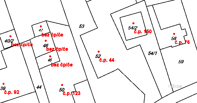 Jerlochovice 44, Fulnek na parcele st. 52 v KÚ Jerlochovice, Katastrální mapa