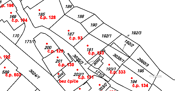 Štramberk 133 na parcele st. 191 v KÚ Štramberk, Katastrální mapa