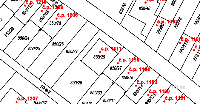 Mohelnice 1411 na parcele st. 850/29 v KÚ Mohelnice, Katastrální mapa