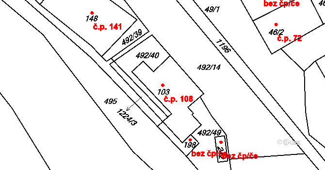 Šlapanov 108 na parcele st. 103 v KÚ Šlapanov, Katastrální mapa