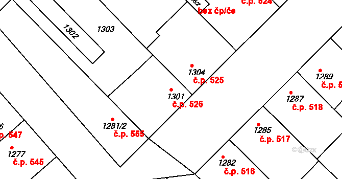 Hrušky 526 na parcele st. 1301 v KÚ Hrušky, Katastrální mapa