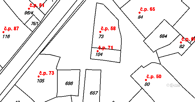 Šelešovice 71 na parcele st. 104 v KÚ Šelešovice, Katastrální mapa