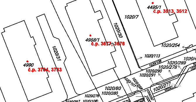 Kroměříž 3676,3677 na parcele st. 4988/1 v KÚ Kroměříž, Katastrální mapa