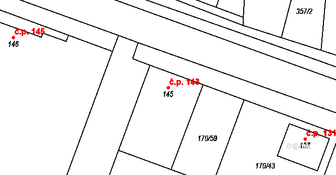 Hořátev 143 na parcele st. 145 v KÚ Hořátev, Katastrální mapa