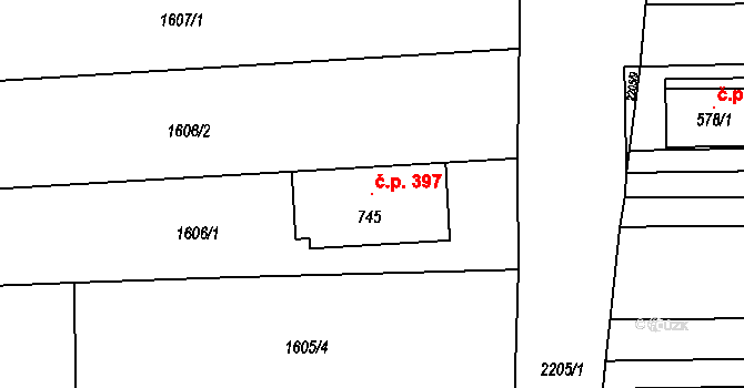 Přibice 397 na parcele st. 745 v KÚ Přibice, Katastrální mapa