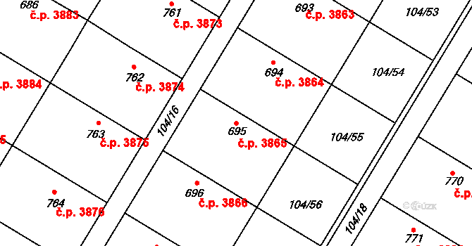 Jihlava 3865 na parcele st. 695 v KÚ Bedřichov u Jihlavy, Katastrální mapa