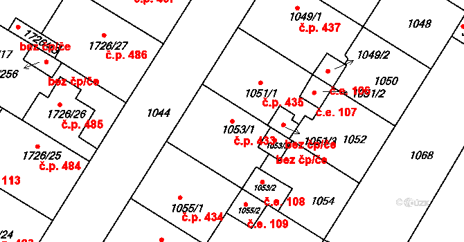 Hrušovany u Brna 433 na parcele st. 1053/1 v KÚ Hrušovany u Brna, Katastrální mapa