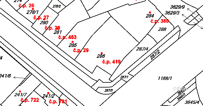 Vyškov-Předměstí 419, Vyškov na parcele st. 286 v KÚ Vyškov, Katastrální mapa