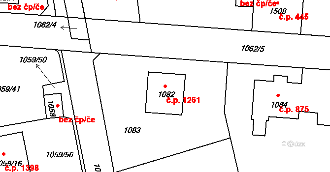 Úvaly 1261 na parcele st. 1082 v KÚ Úvaly u Prahy, Katastrální mapa