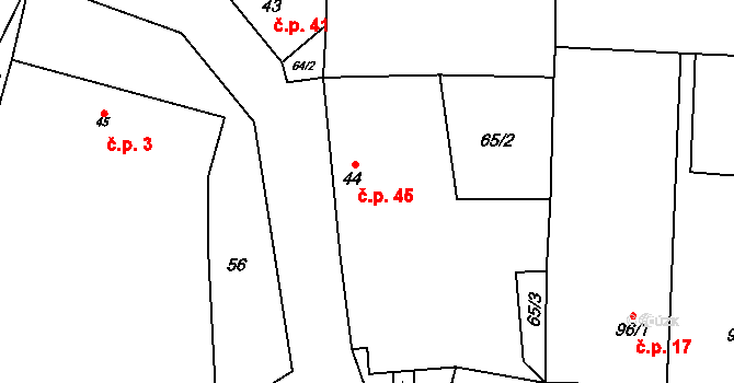 Boharyně 45 na parcele st. 44 v KÚ Boharyně, Katastrální mapa
