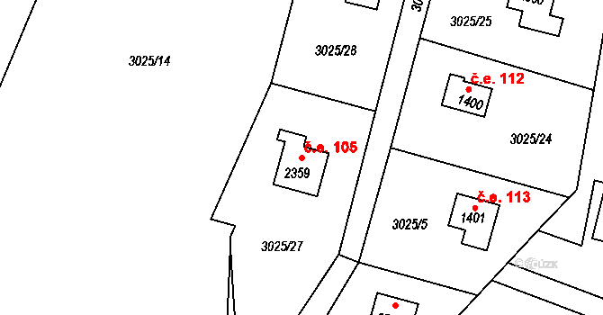 Rožnov pod Radhoštěm 105 na parcele st. 2359 v KÚ Rožnov pod Radhoštěm, Katastrální mapa