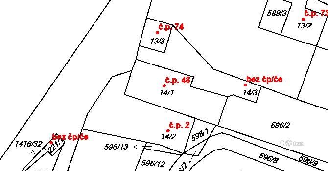 Milešov 48 na parcele st. 14/1 v KÚ Milešov nad Vltavou, Katastrální mapa